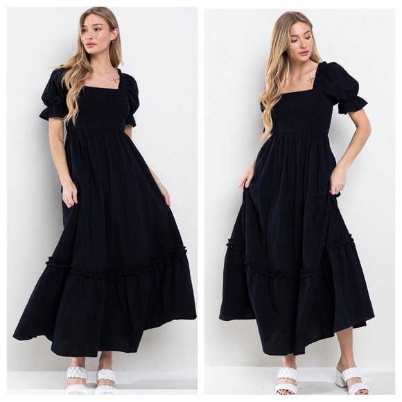 Boho Beautiful Linen Solid Smoking Detail Long Dress - Picture 4 of 5